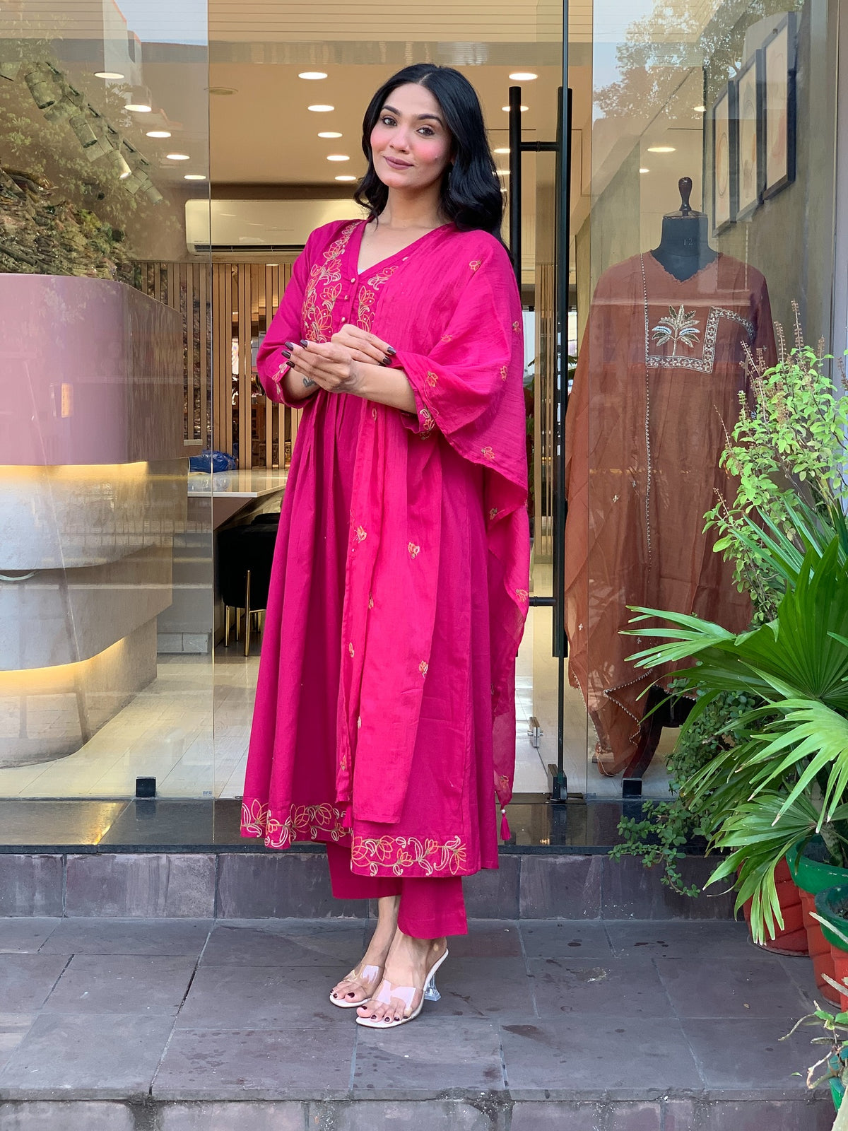Siri Pink Silk Anarkali Kurta Set with Dupatta for Women
