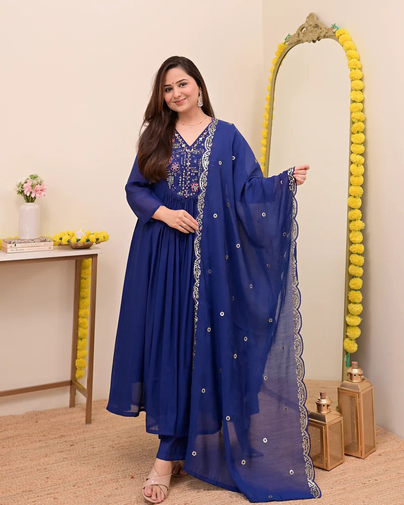 Sitara Blue Silk Anarkali Kurta Set with Dupatta for Women