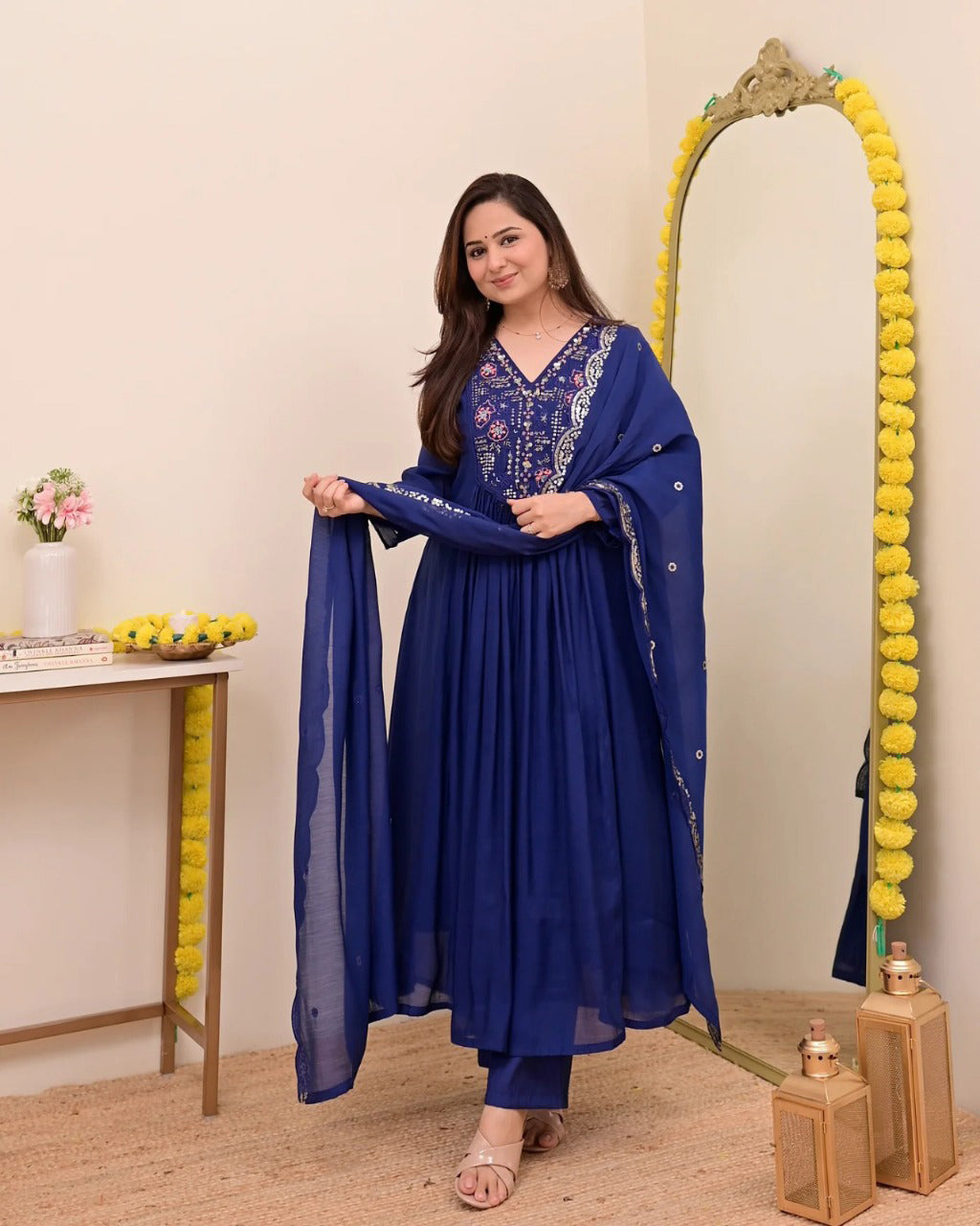 Sitara Blue Silk Anarkali Kurta Set with Dupatta for Women