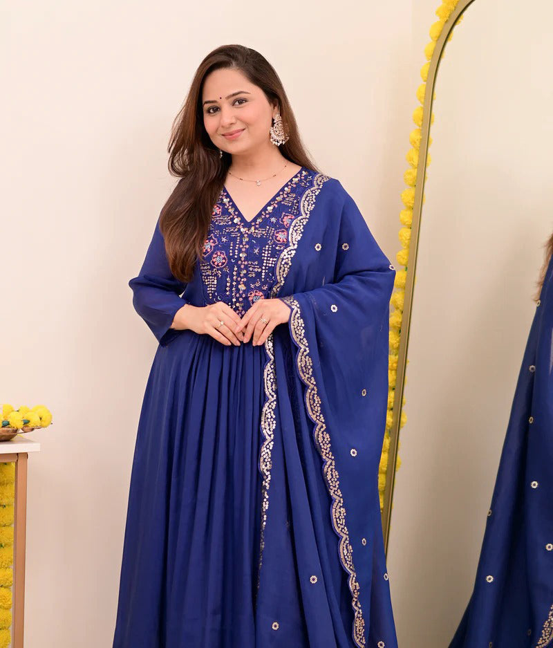 Sitara Blue Silk Anarkali Kurta Set with Dupatta for Women