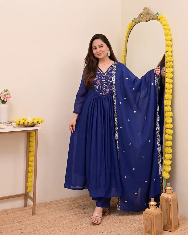 Sitara Blue Silk Anarkali Kurta Set with Dupatta for Women