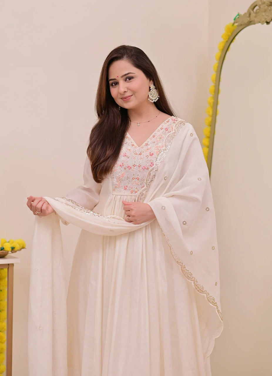 Sitara Off White Silk Anarkali Kurta Set with Dupatta for Women