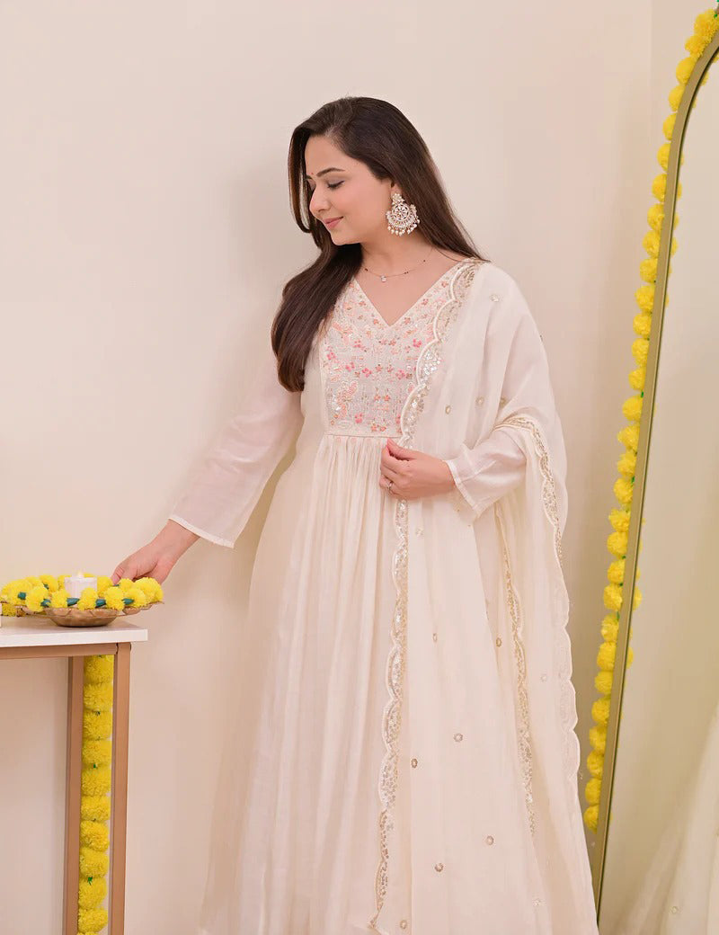 Sitara Off White Silk Anarkali Kurta Set with Dupatta for Women