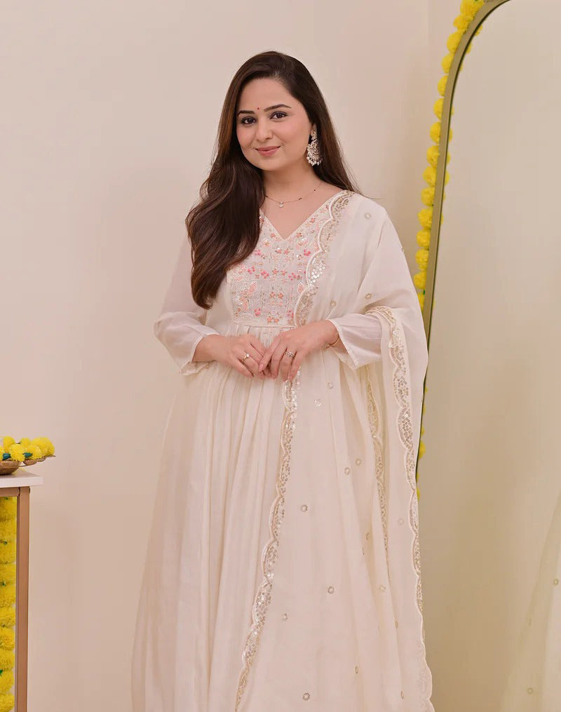 Sitara Off White Silk Anarkali Kurta Set with Dupatta for Women