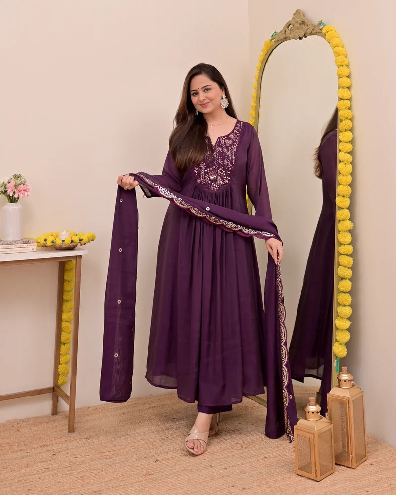 Sitara Wine Silk Anarkali Kurta Set with Dupatta for Women