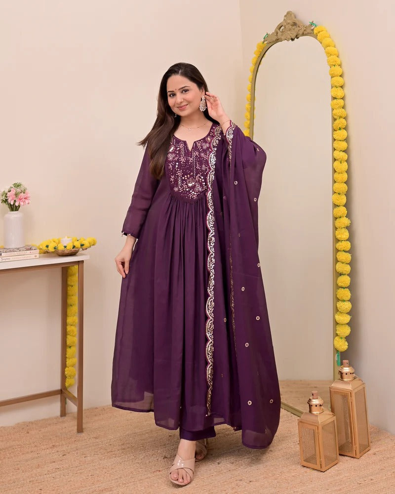 Sitara Wine Silk Anarkali Kurta Set with Dupatta for Women