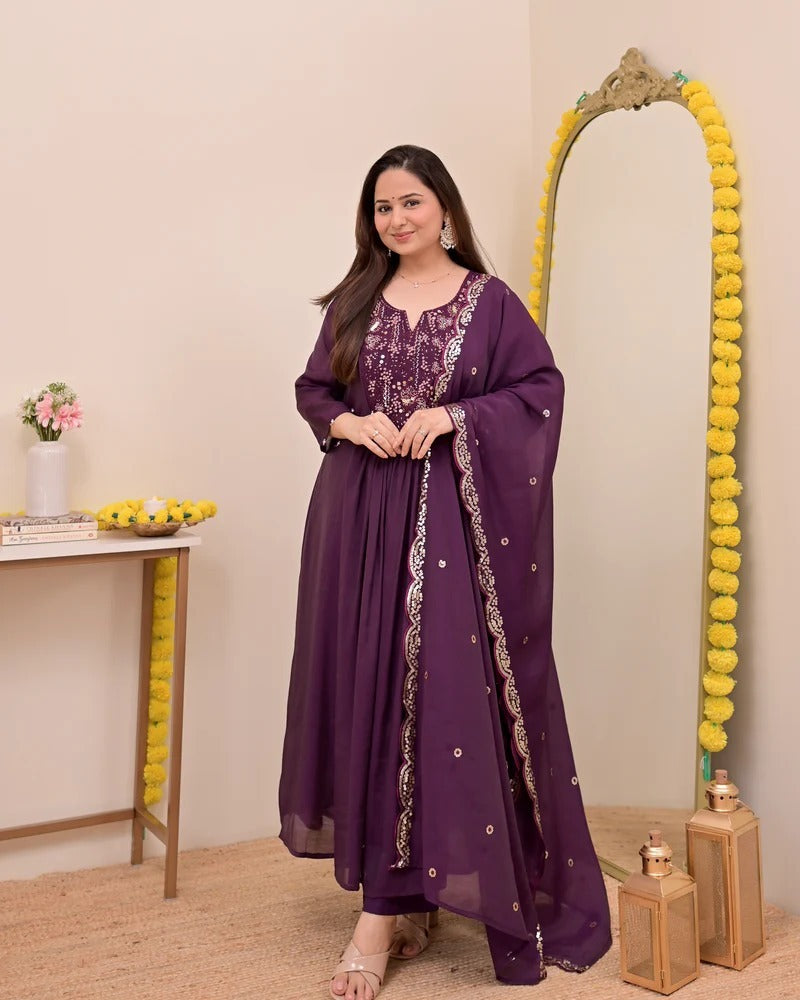 Sitara Wine Silk Anarkali Kurta Set with Dupatta for Women