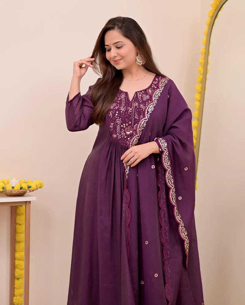 Sitara Wine Silk Anarkali Kurta Set with Dupatta for Women