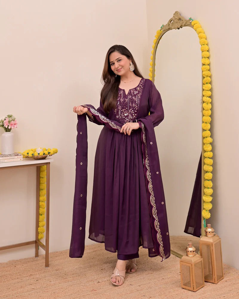 Sitara Wine Silk Anarkali Kurta Set with Dupatta for Women