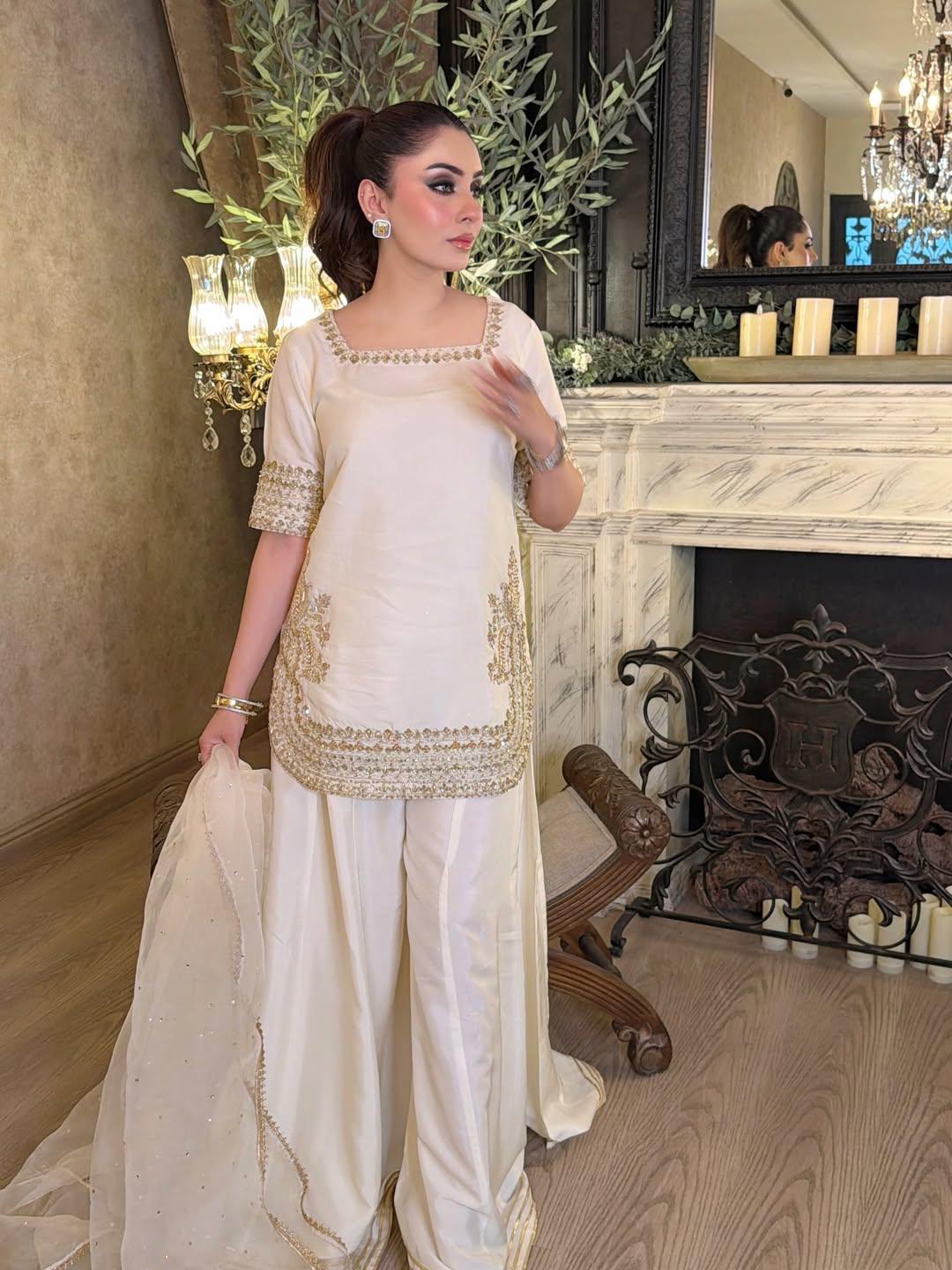 White Silk Embroidered Peplum Sharara Set With Dupatta For Women