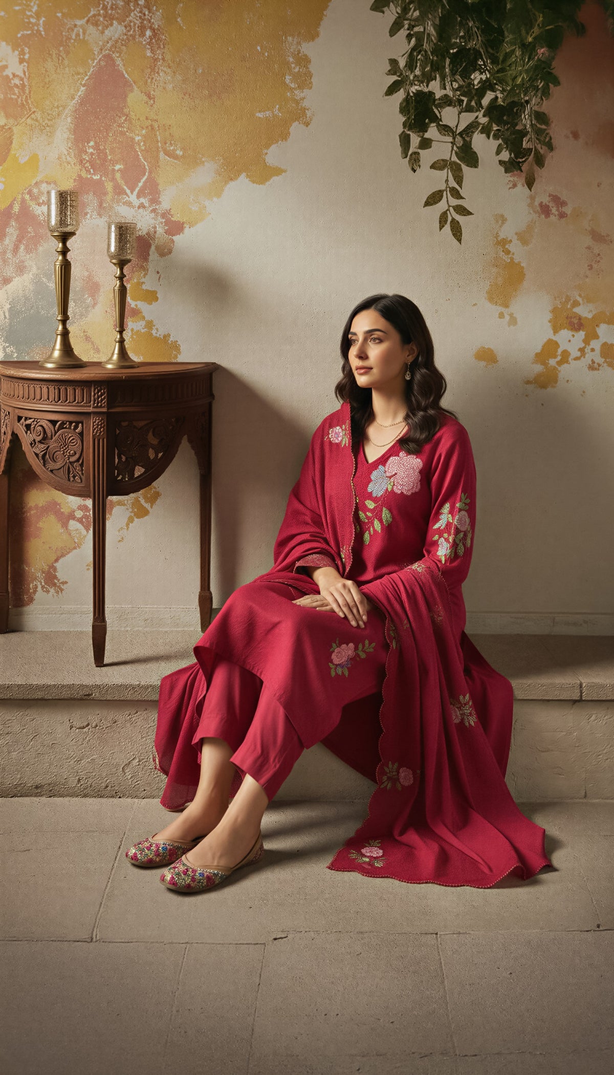 Maroon Embroidered Straight Kurta Suit Set for Women