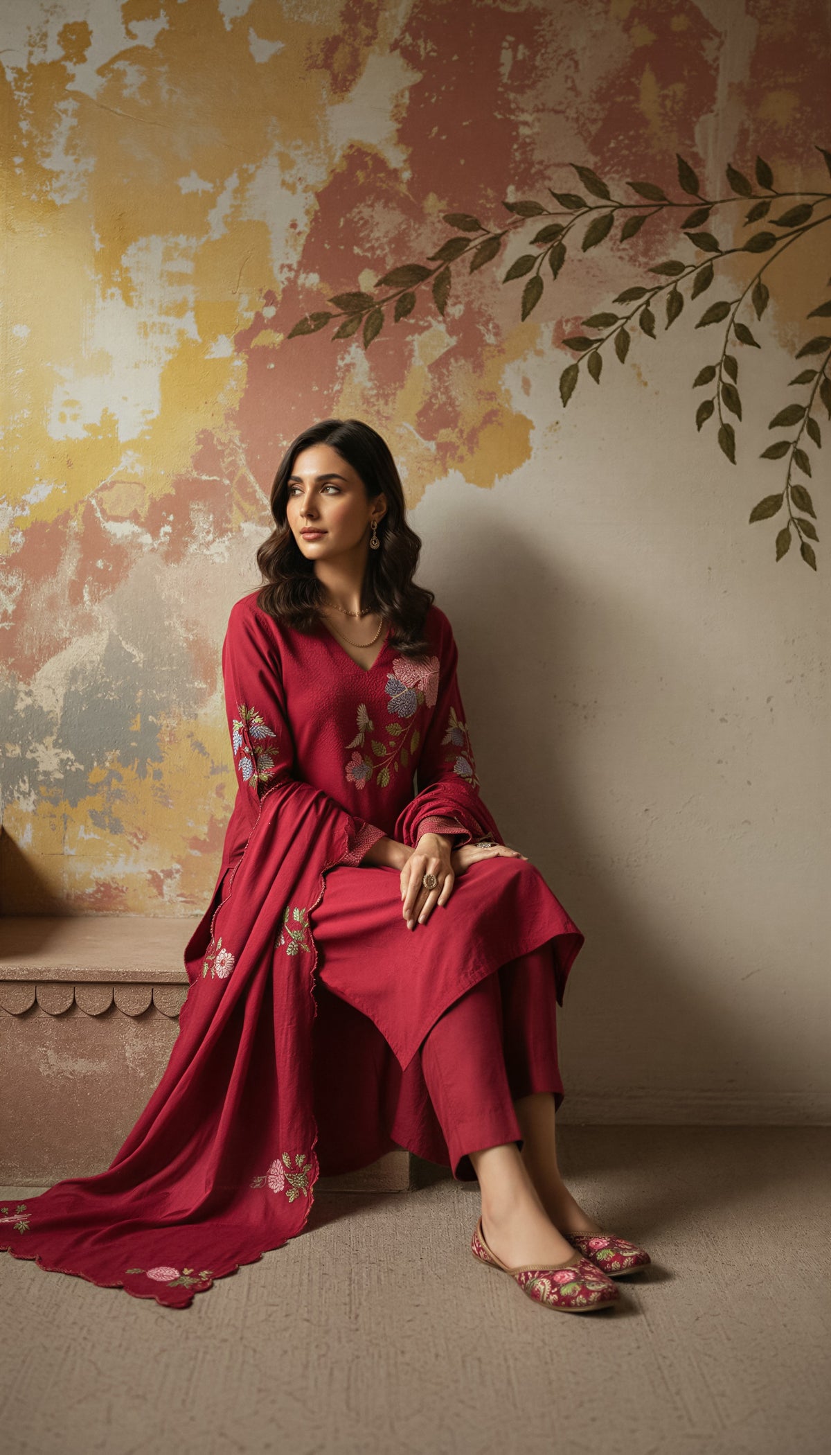 Maroon Embroidered Straight Kurta Suit Set for Women