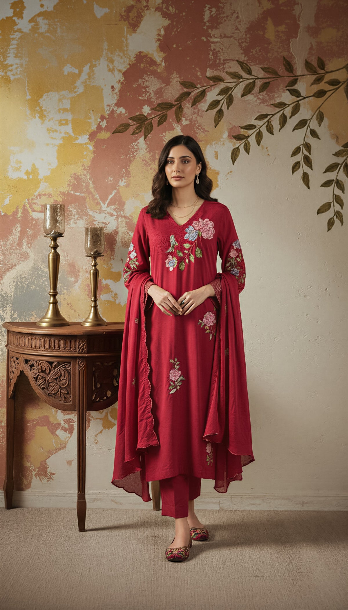 Maroon Embroidered Straight Kurta Suit Set for Women