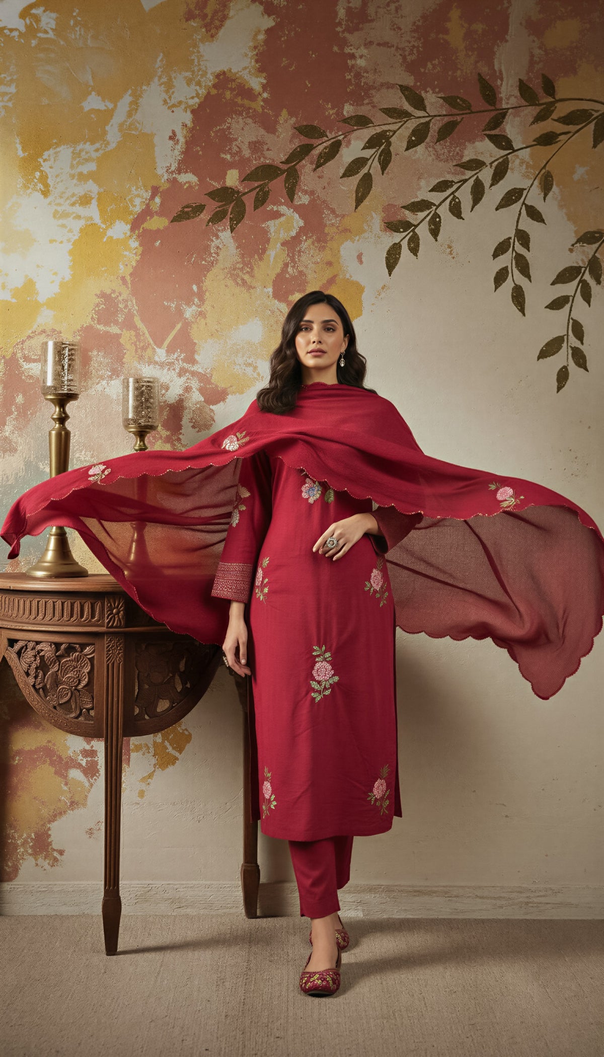 Maroon Embroidered Straight Kurta Suit Set for Women