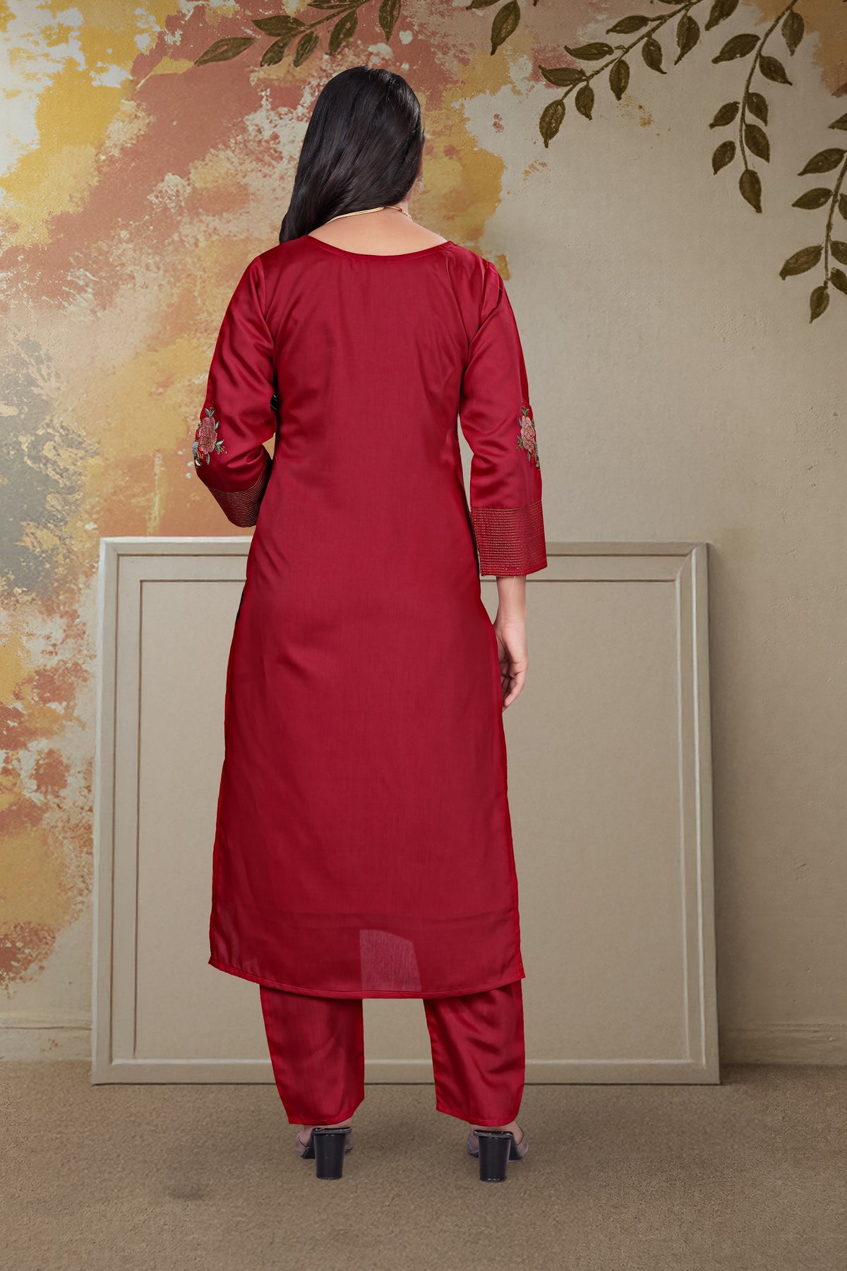 Maroon Embroidered Straight Kurta Suit Set for Women