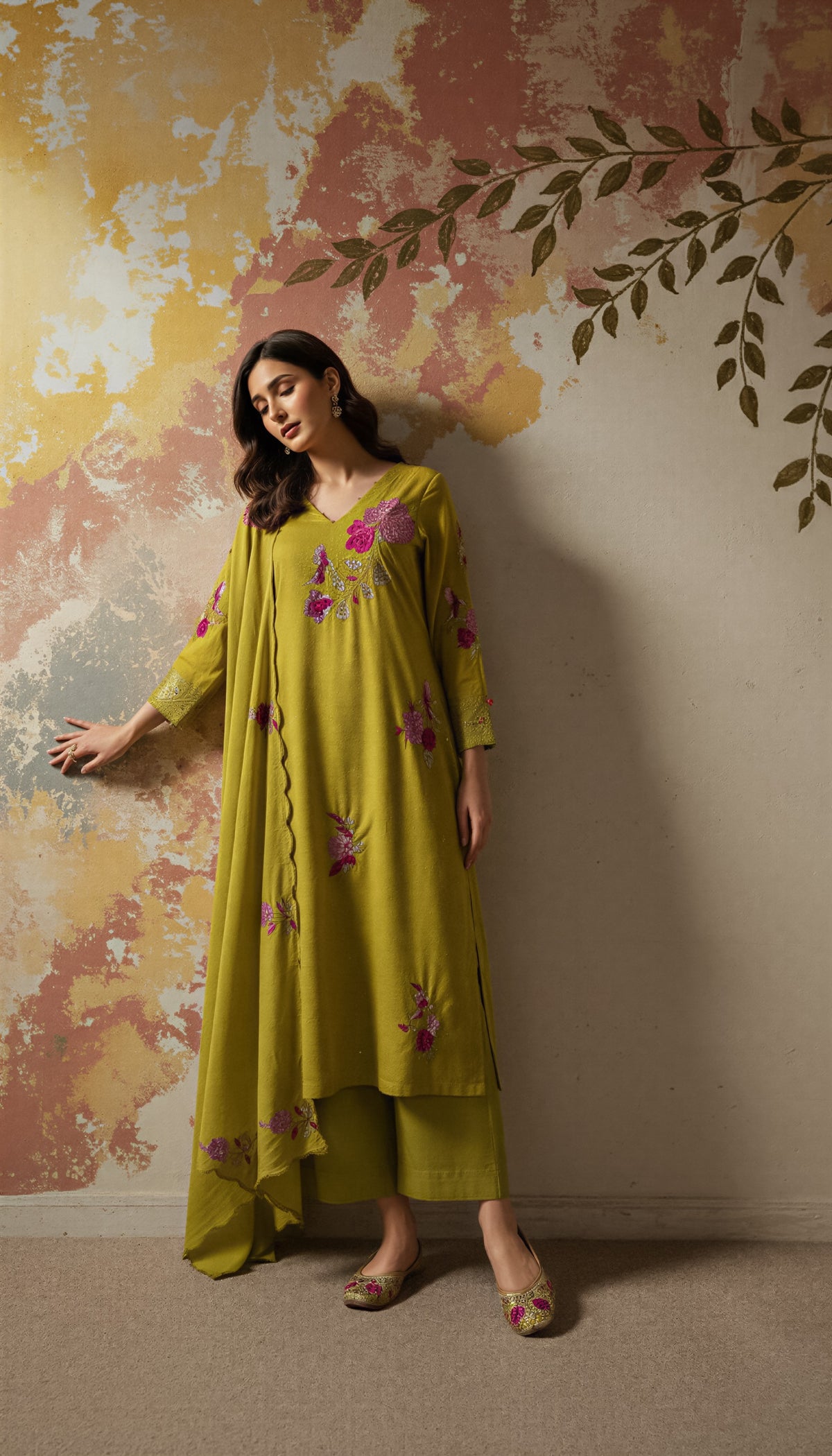 Mustard Embroidered Straight Kurta Suit Set for Women