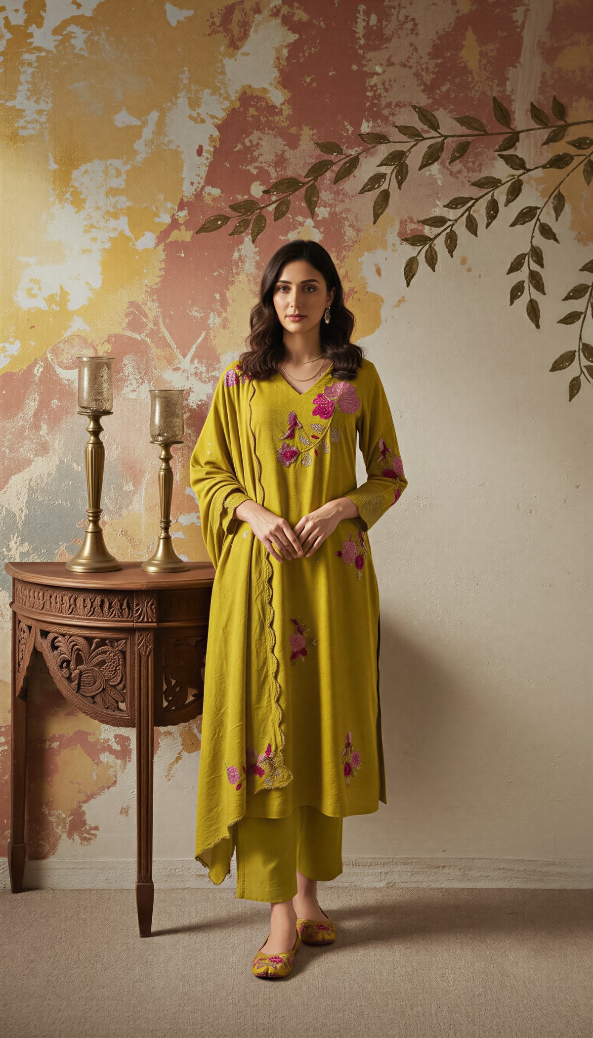 Mustard Embroidered Straight Kurta Suit Set for Women