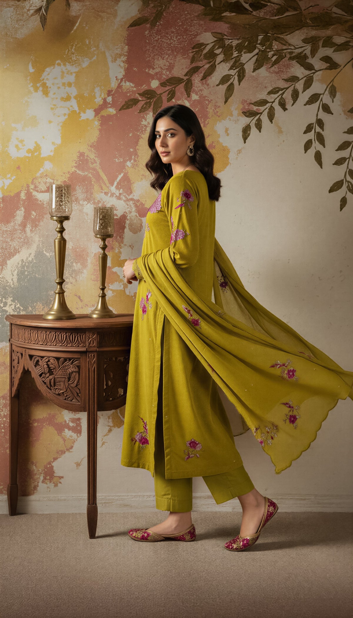 Mustard Embroidered Straight Kurta Suit Set for Women