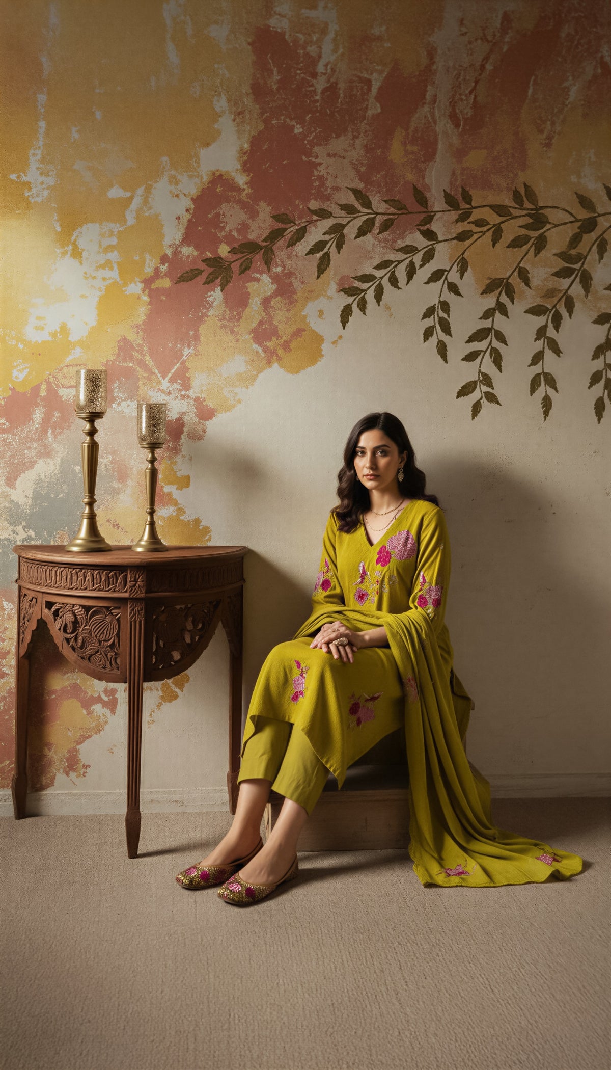 Mustard Embroidered Straight Kurta Suit Set for Women