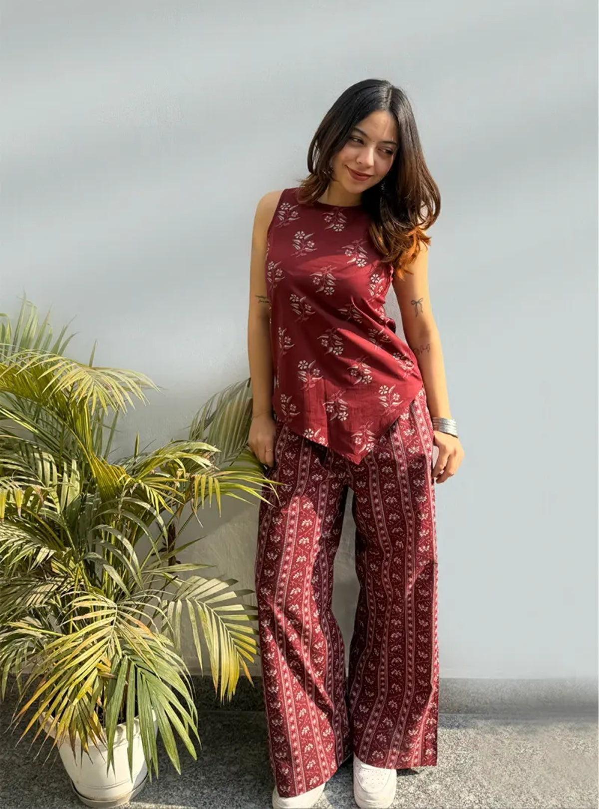 Maroon Floral Printed Regular Top with Palazzos