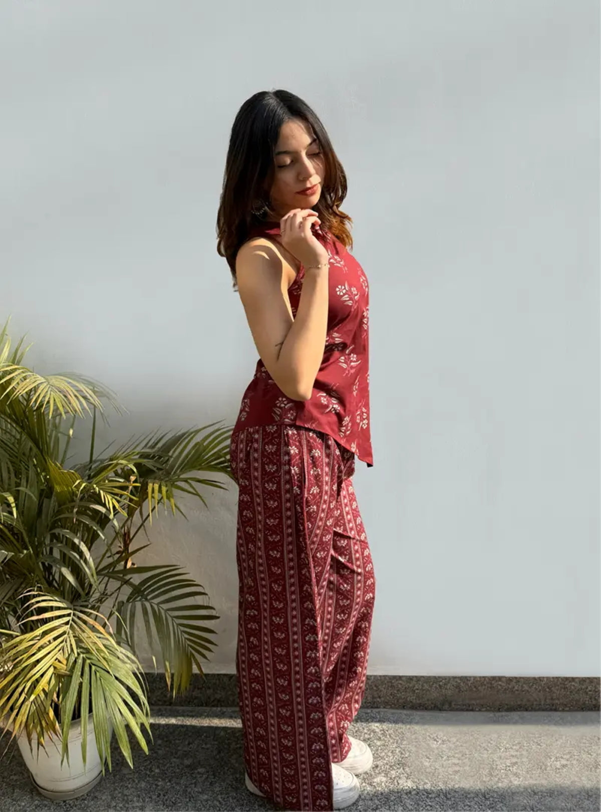 Maroon Floral Printed Regular Top with Palazzos