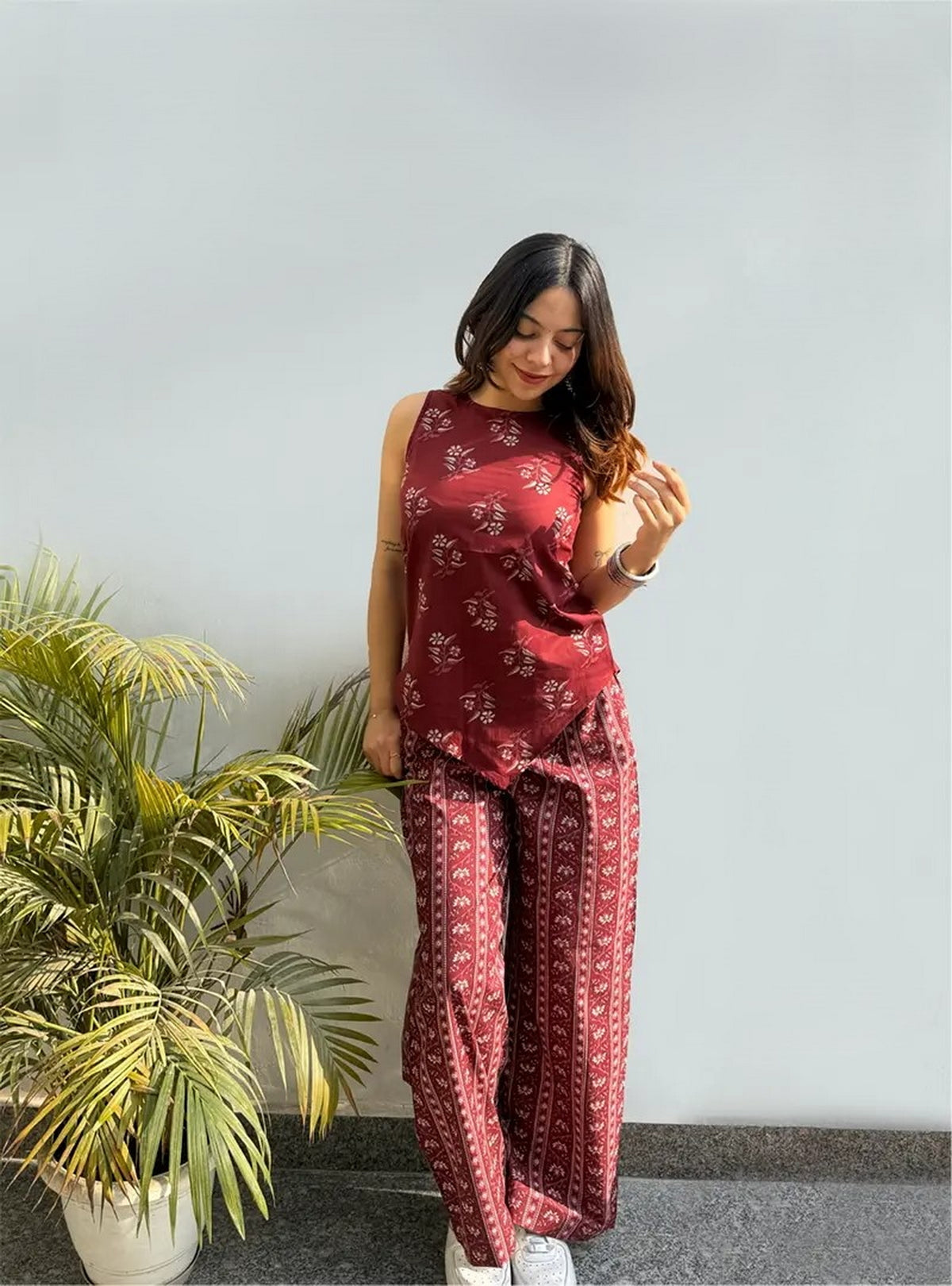 Maroon Floral Printed Regular Top with Palazzos