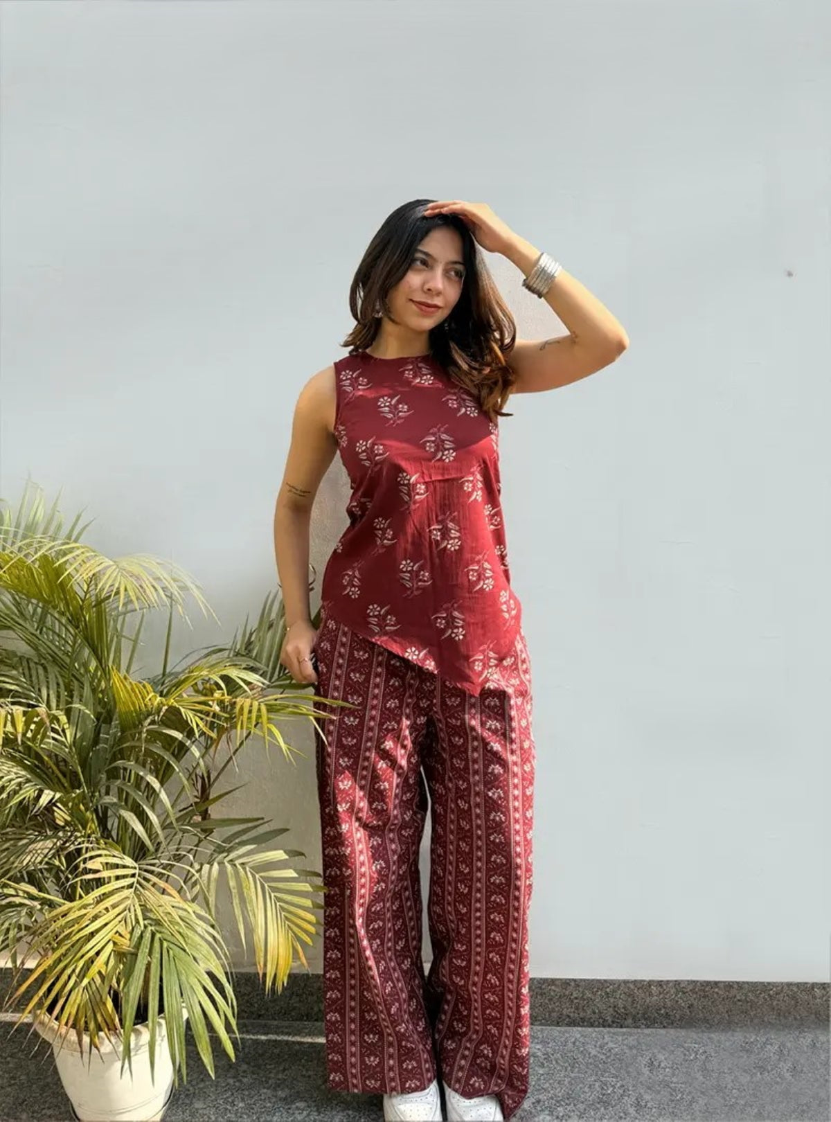 Maroon Floral Printed Regular Top with Palazzos