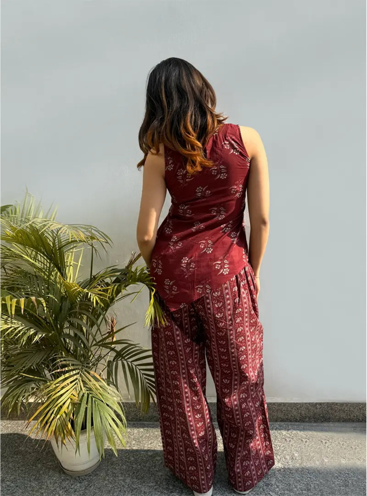 Maroon Floral Printed Regular Top with Palazzos