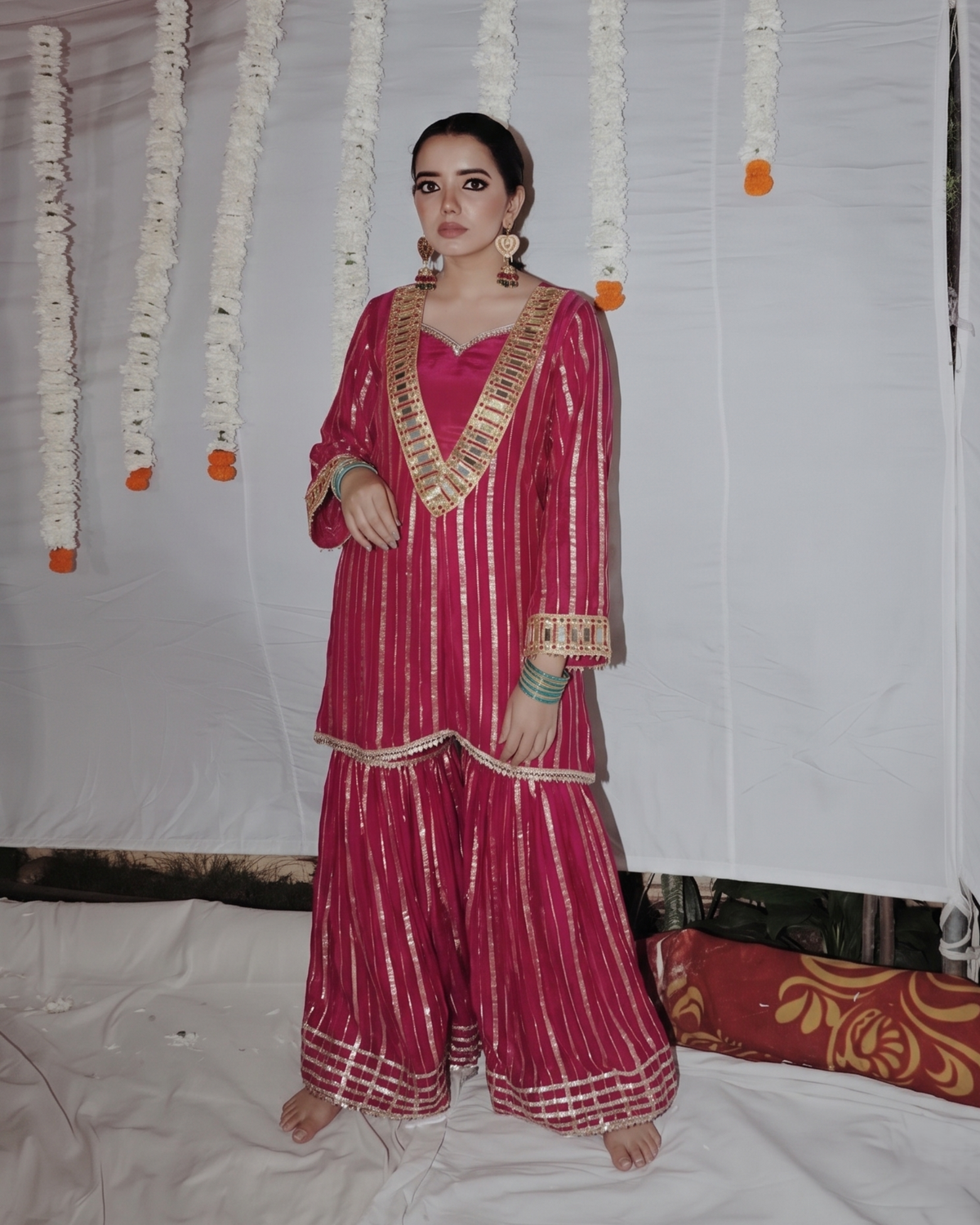 Women's Rani Pink Embroidered Georgette Straight Kurta With Sharara & Dupatta