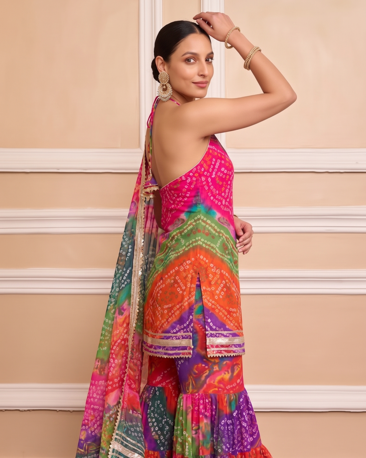 Multicolor Georgette Bandhni Printed Sharara Set with Embellished Kurta & Dupatta