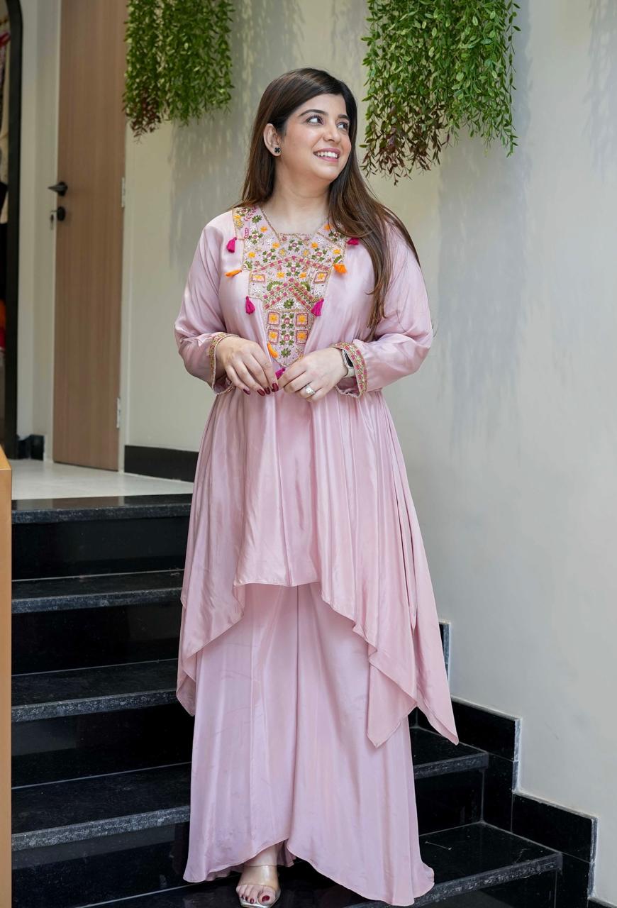 Light Pink Embroidered A-Line Kurta Suit Set for Women
