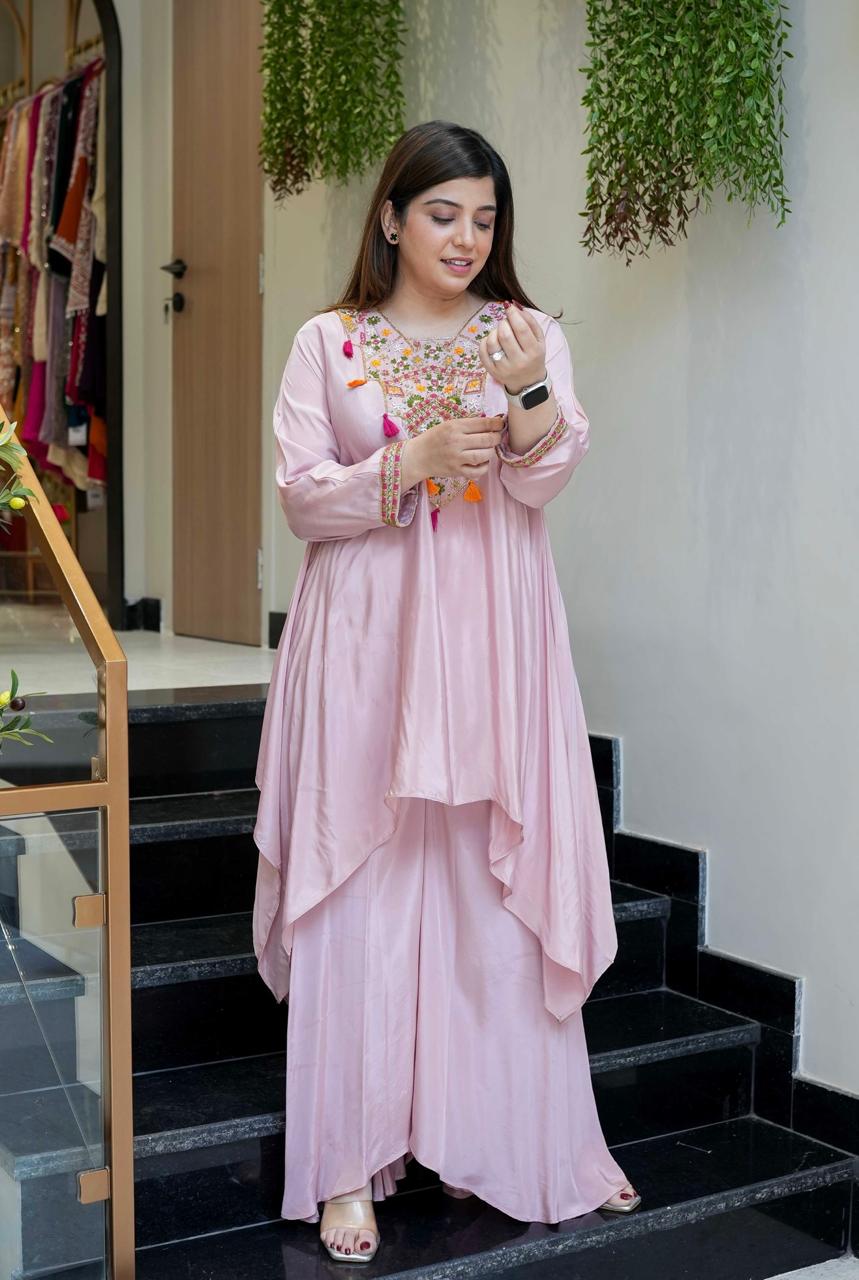 Light Pink Embroidered A-Line Kurta Suit Set for Women
