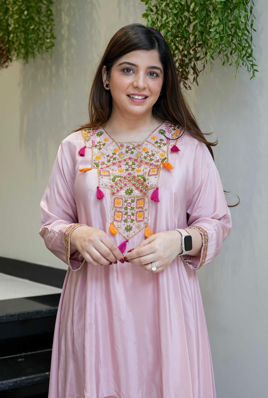 Light Pink Embroidered A-Line Kurta Suit Set for Women