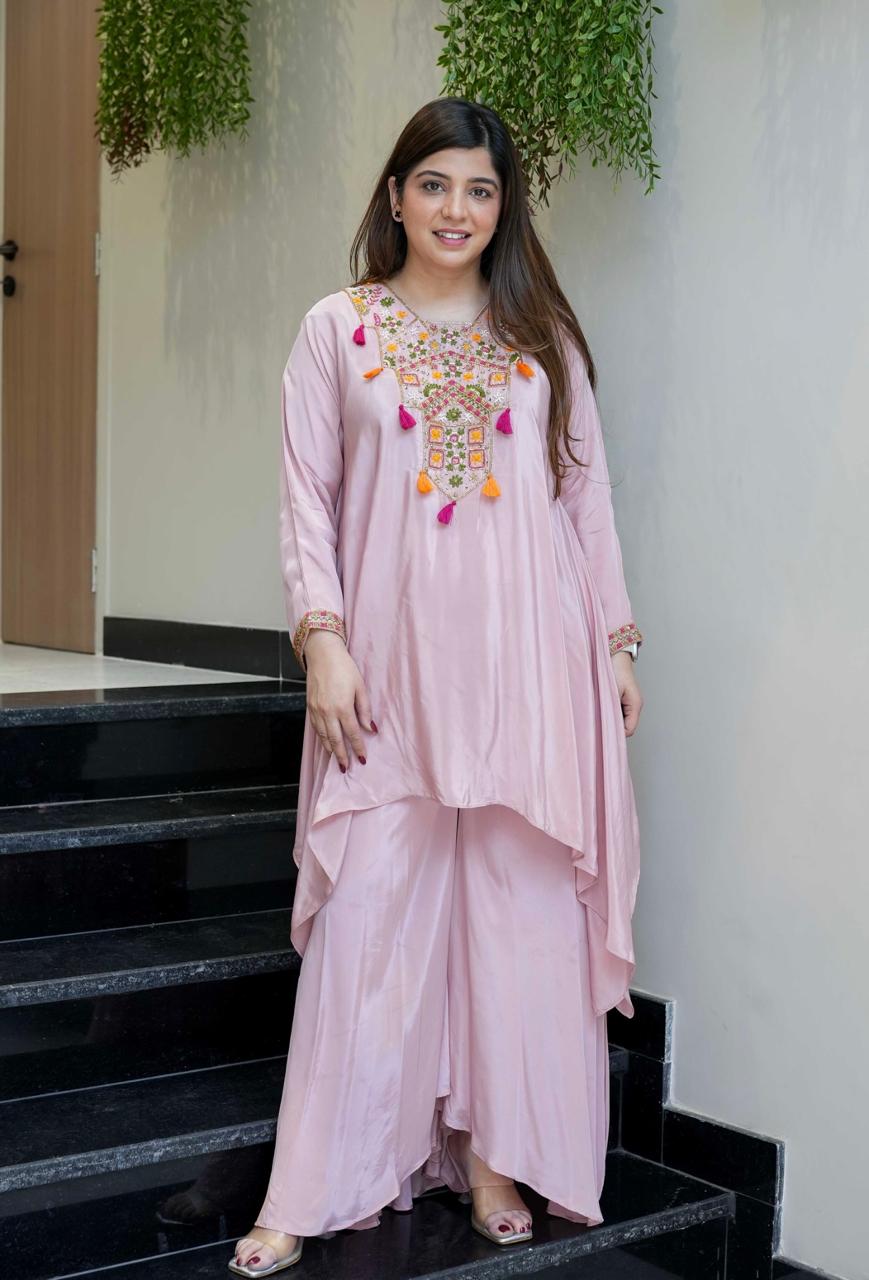 Light Pink Embroidered A-Line Kurta Suit Set for Women