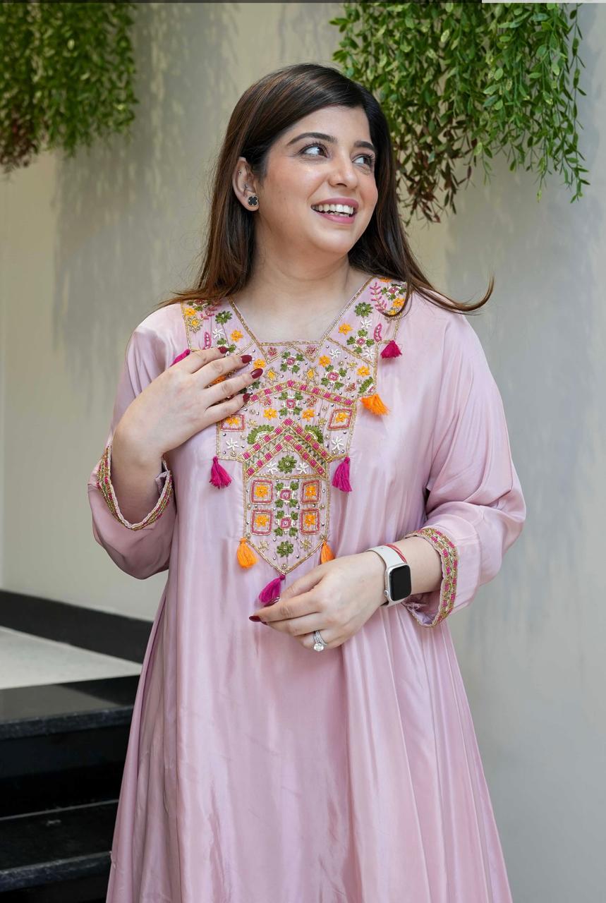 Light Pink Embroidered A-Line Kurta Suit Set for Women