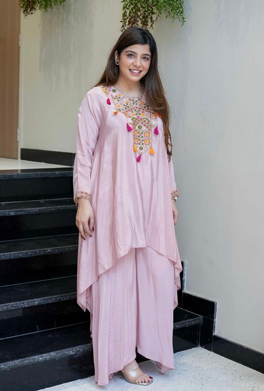 Light Pink Embroidered A-Line Kurta Suit Set for Women