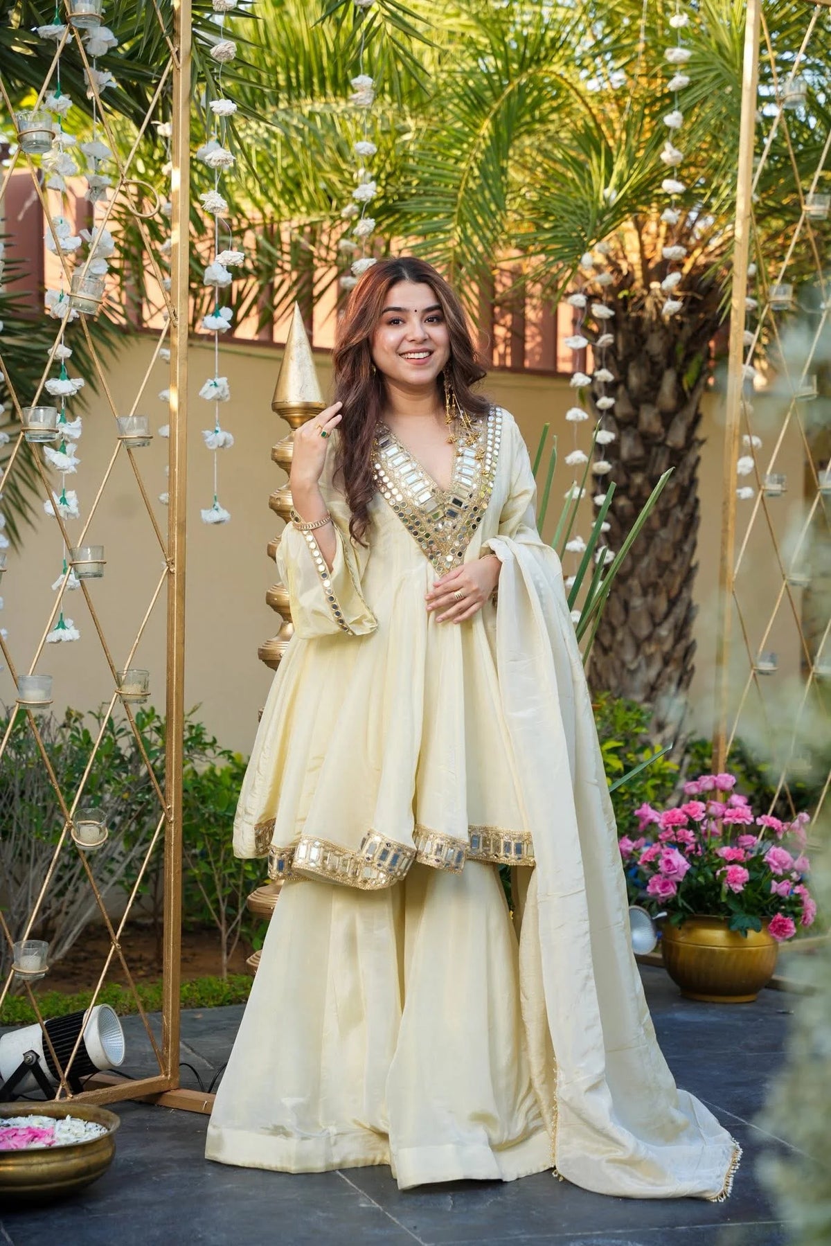 Women's Off White Mirror Work Short Peplum Kurta with Sharara and Dupatta Set