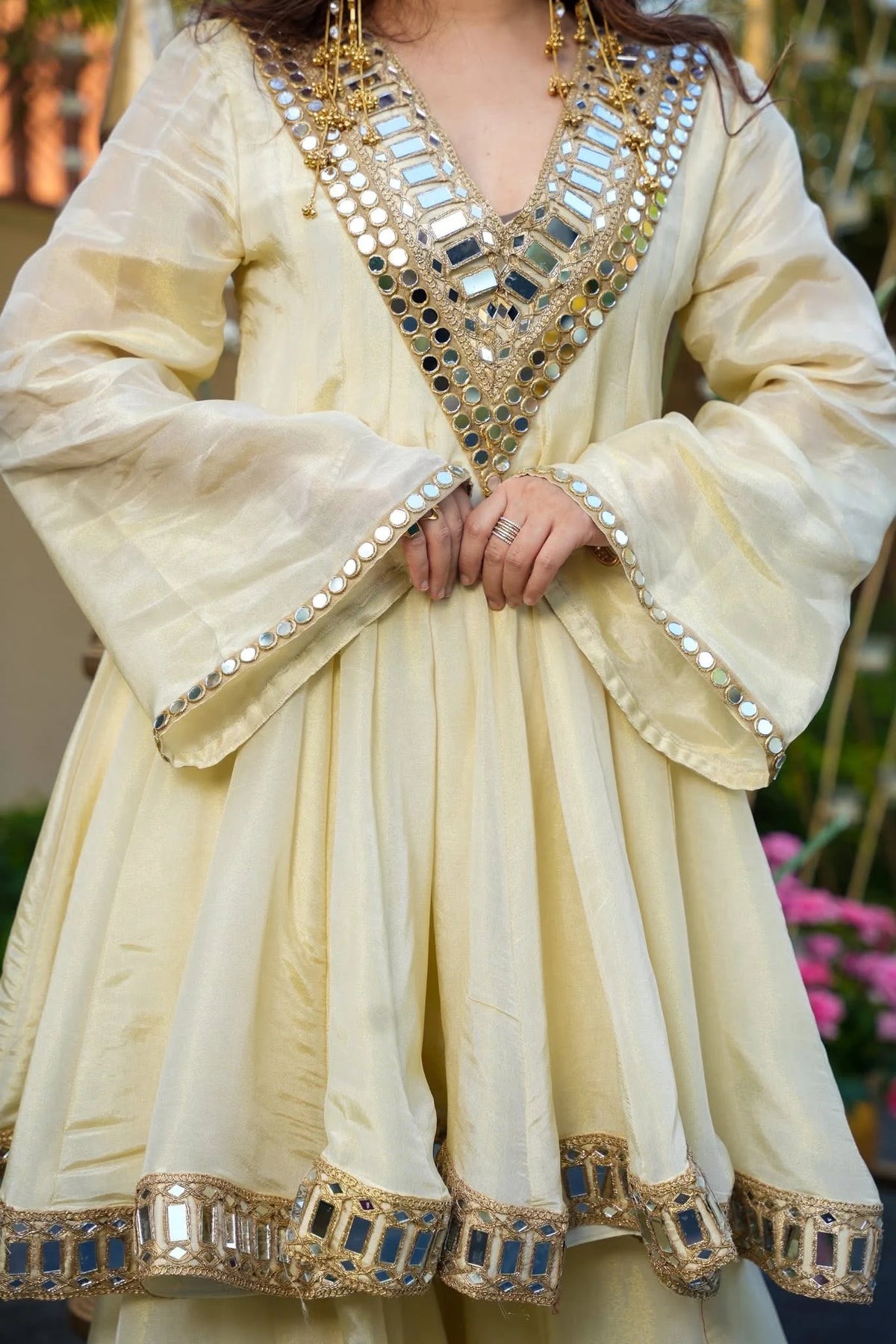 Women's Off White Mirror Work Short Peplum Kurta with Sharara and Dupatta Set