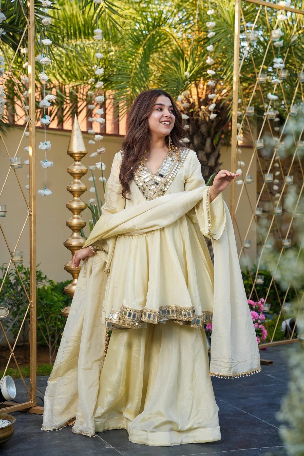 Women's Off White Mirror Work Short Peplum Kurta with Sharara and Dupatta Set