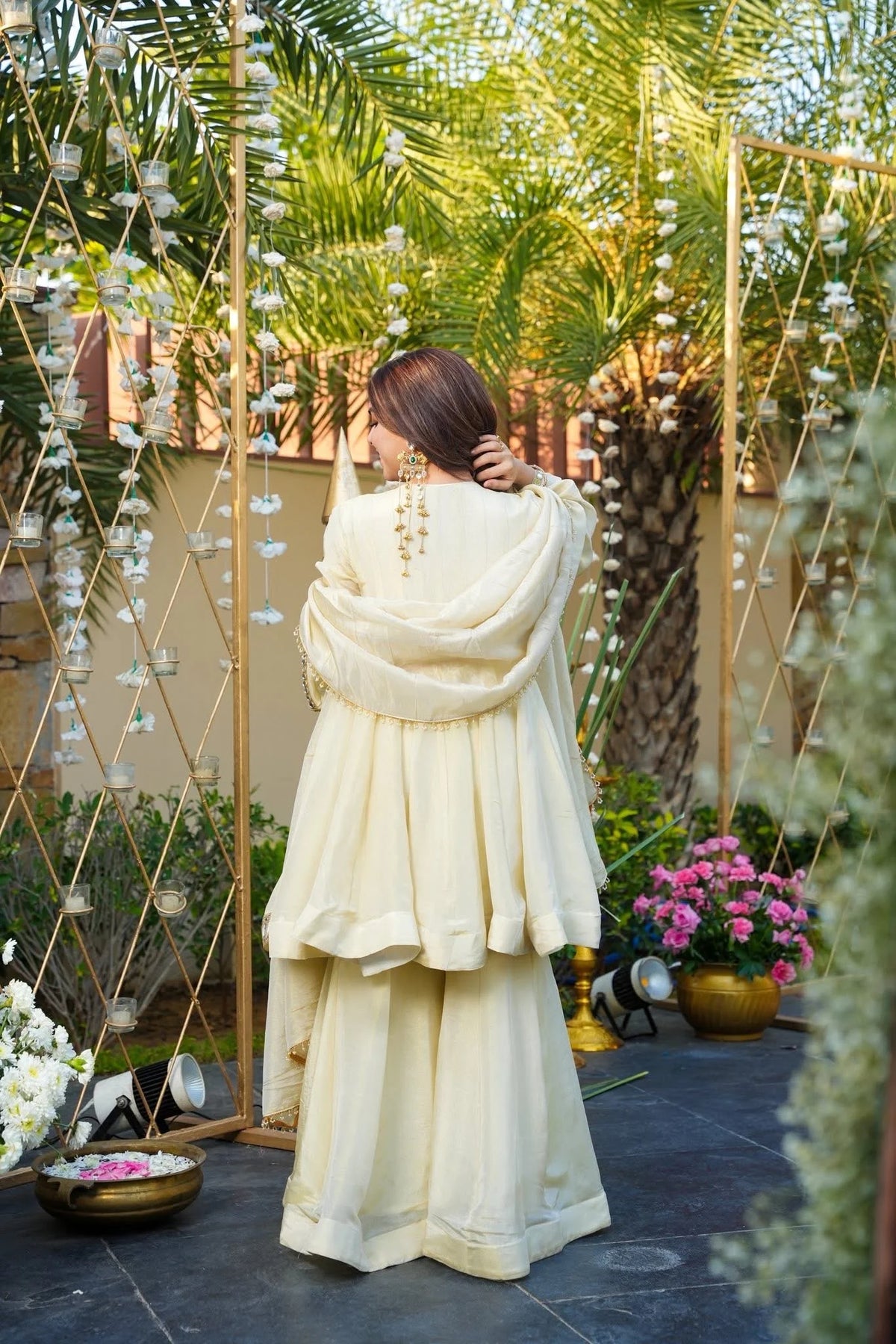 Women's Off White Mirror Work Short Peplum Kurta with Sharara and Dupatta Set