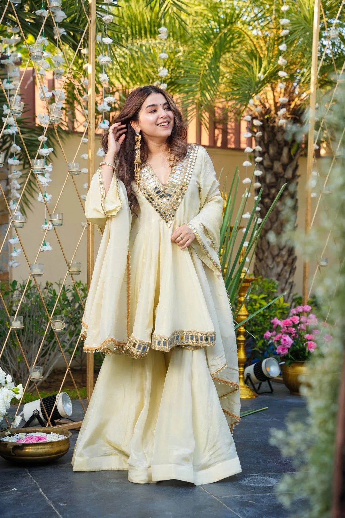 Women's Off White Mirror Work Short Peplum Kurta with Sharara and Dupatta Set