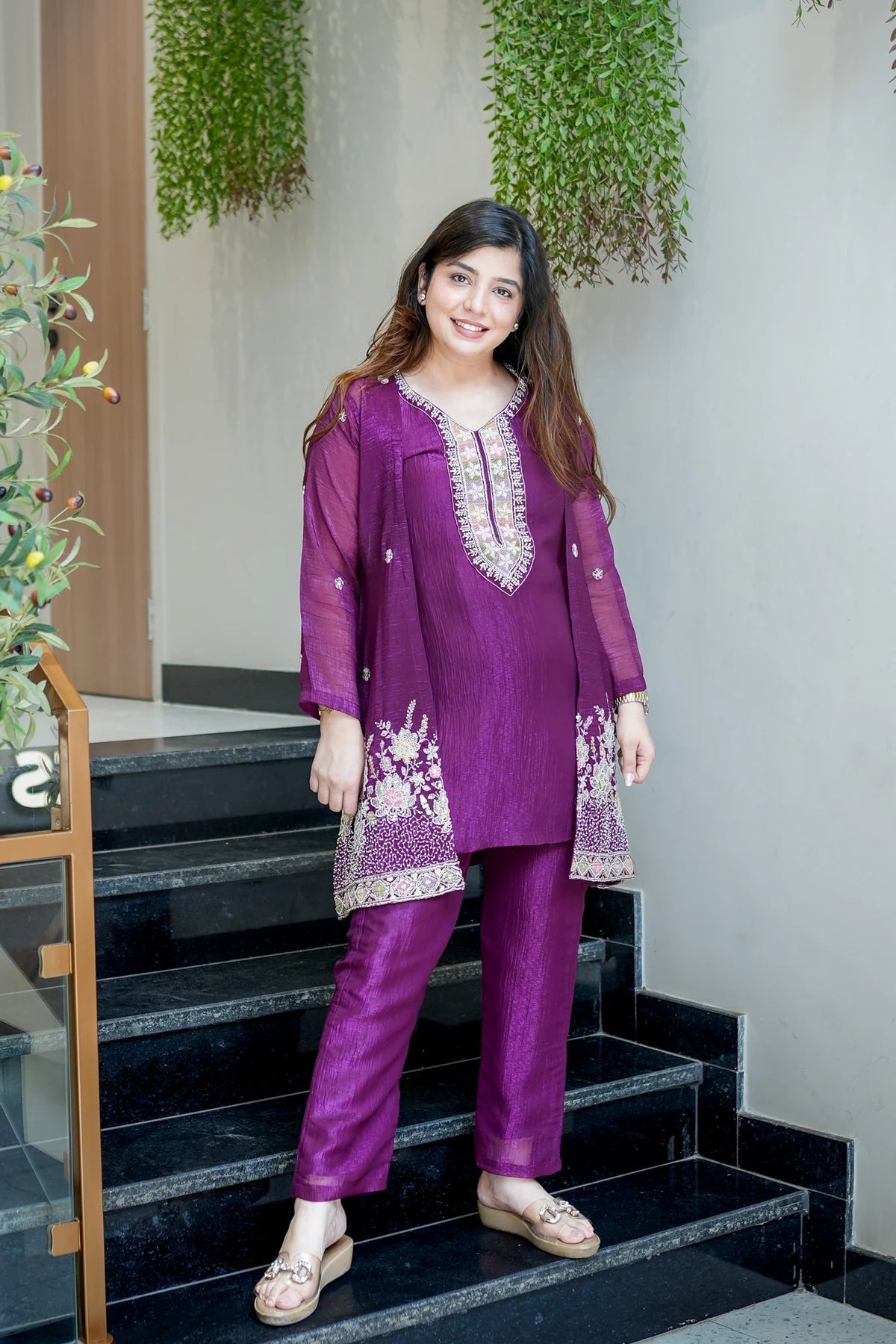 Purple Chinon Embroidered Kurta and Pant Set with Jacket Koti