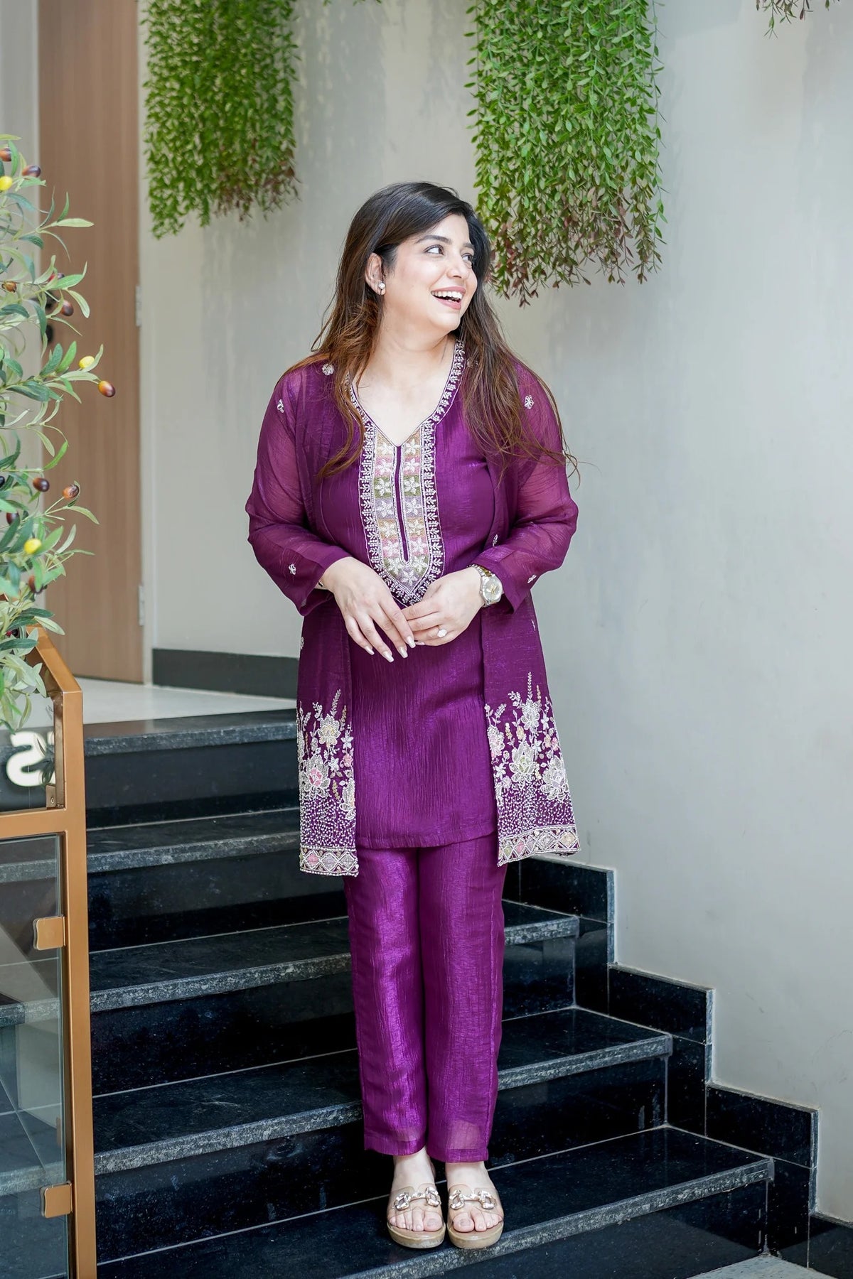 Purple Chinon Embroidered Kurta and Pant Set with Jacket Koti