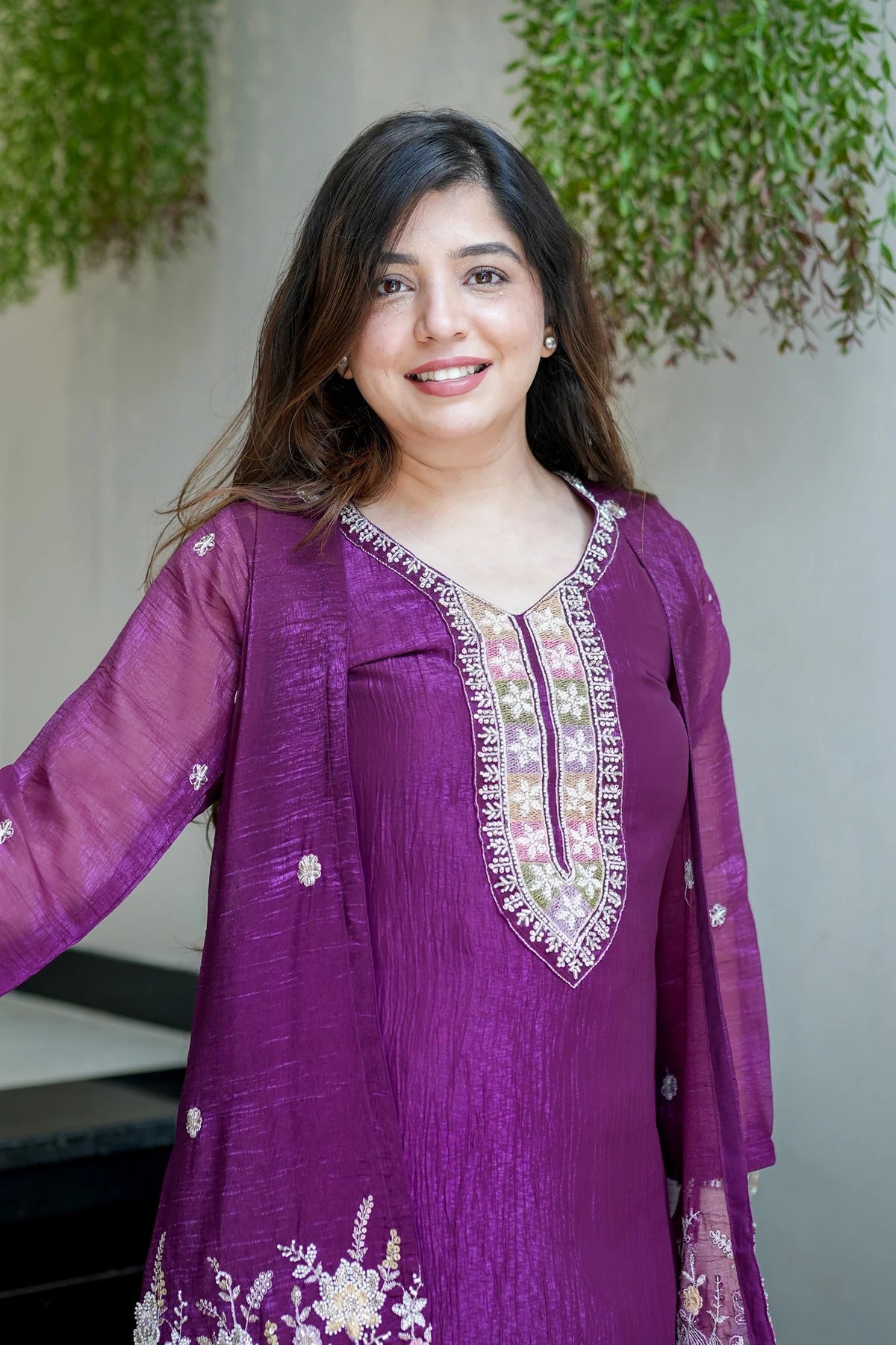 Purple Chinon Embroidered Kurta and Pant Set with Jacket Koti