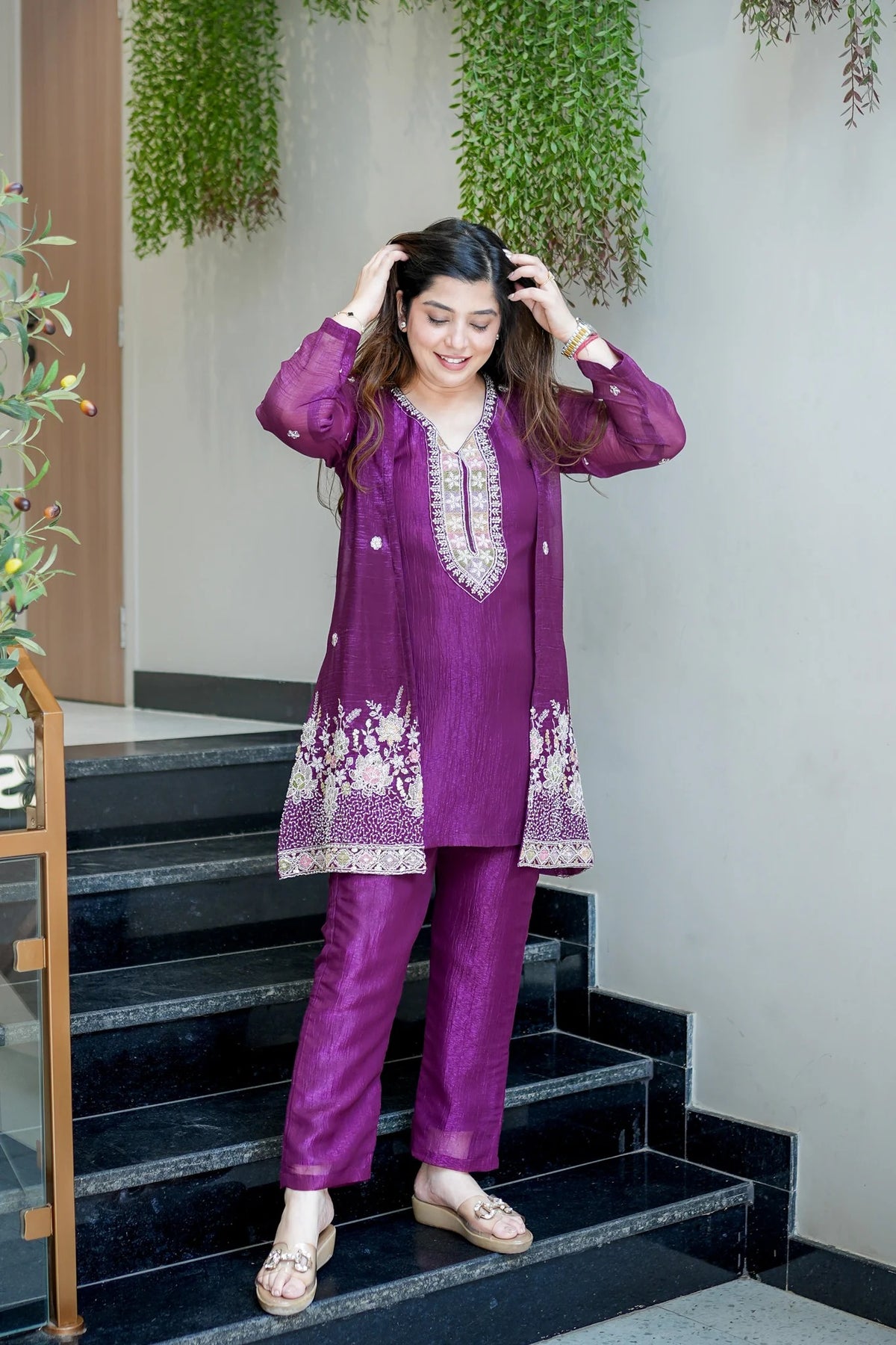 Purple Chinon Embroidered Kurta and Pant Set with Jacket Koti