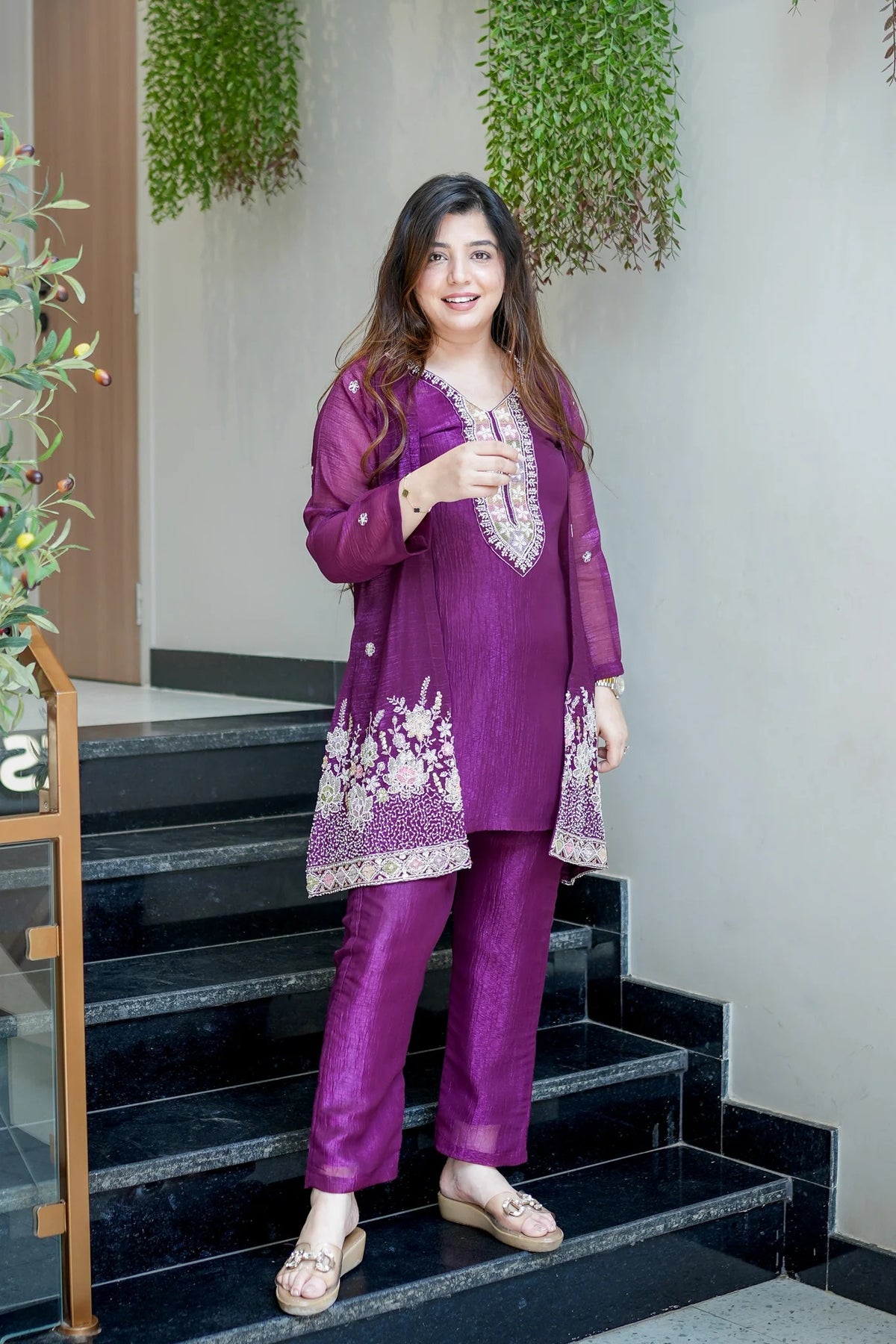 Purple Chinon Embroidered Kurta and Pant Set with Jacket Koti