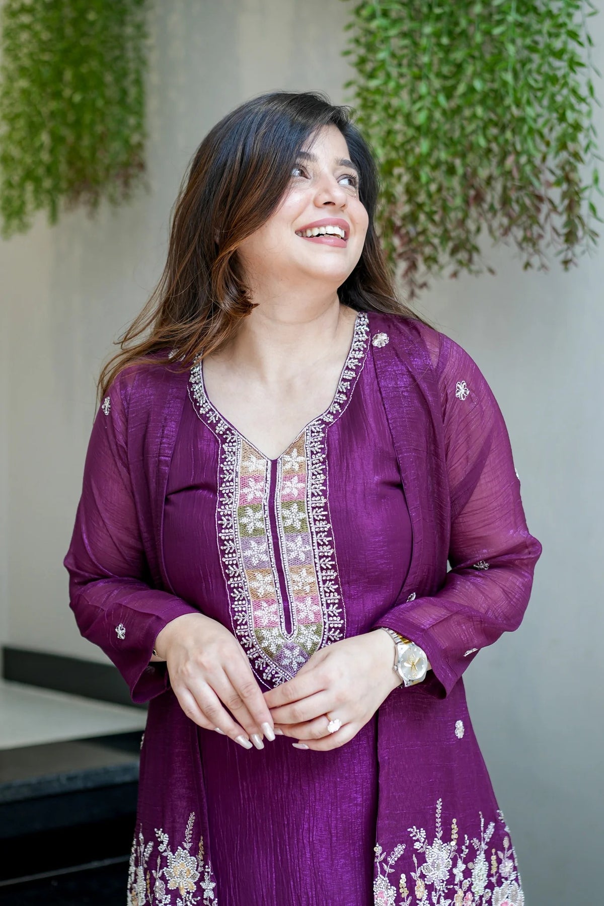 Purple Chinon Embroidered Kurta and Pant Set with Jacket Koti