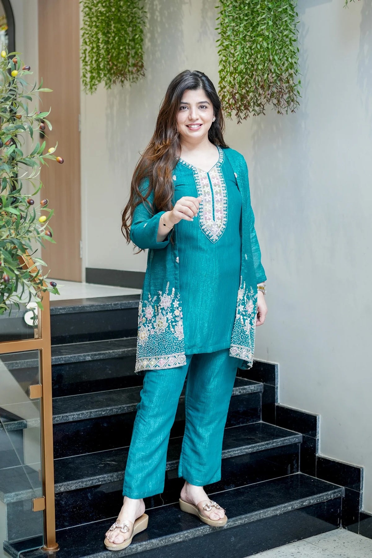 Rama Chinon Embroidered Kurta and Pant Set with Jacket Koti