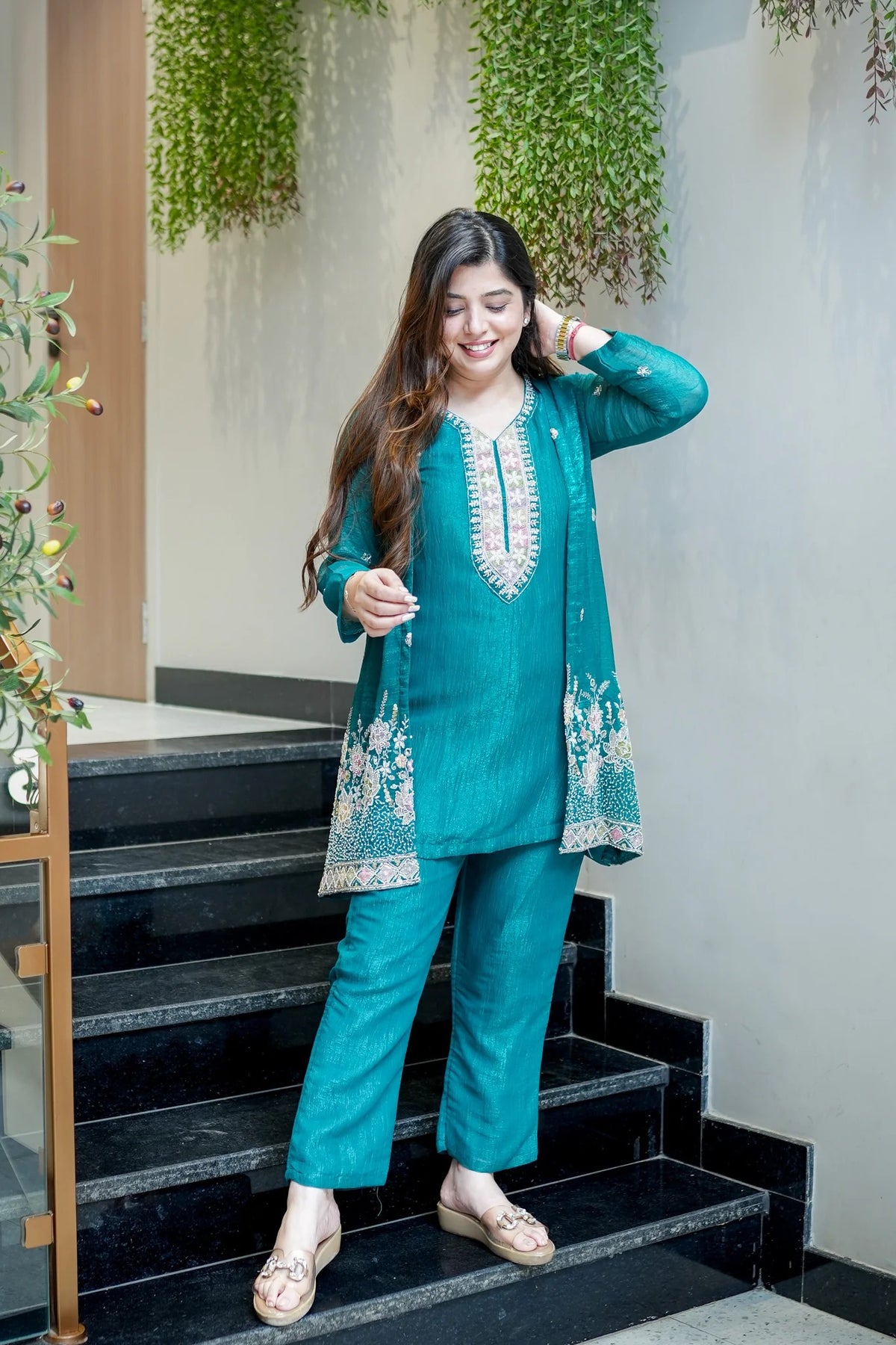 Rama Chinon Embroidered Kurta and Pant Set with Jacket Koti