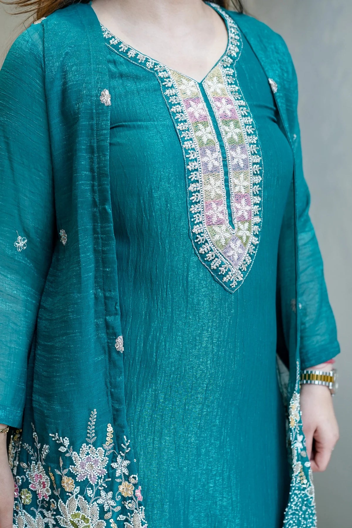 Rama Chinon Embroidered Kurta and Pant Set with Jacket Koti